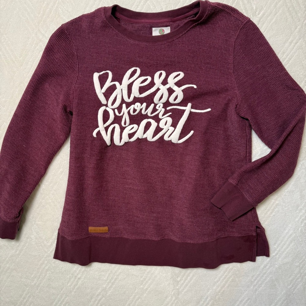 Boutique Marley Lilly Bless Your Heart Waffle Knit Pullover Top Small Maroon